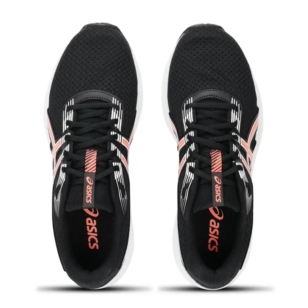 Vista superior do ASICS Raiden 4 mostrando fechamento por cadarço e detalhes coral na língua